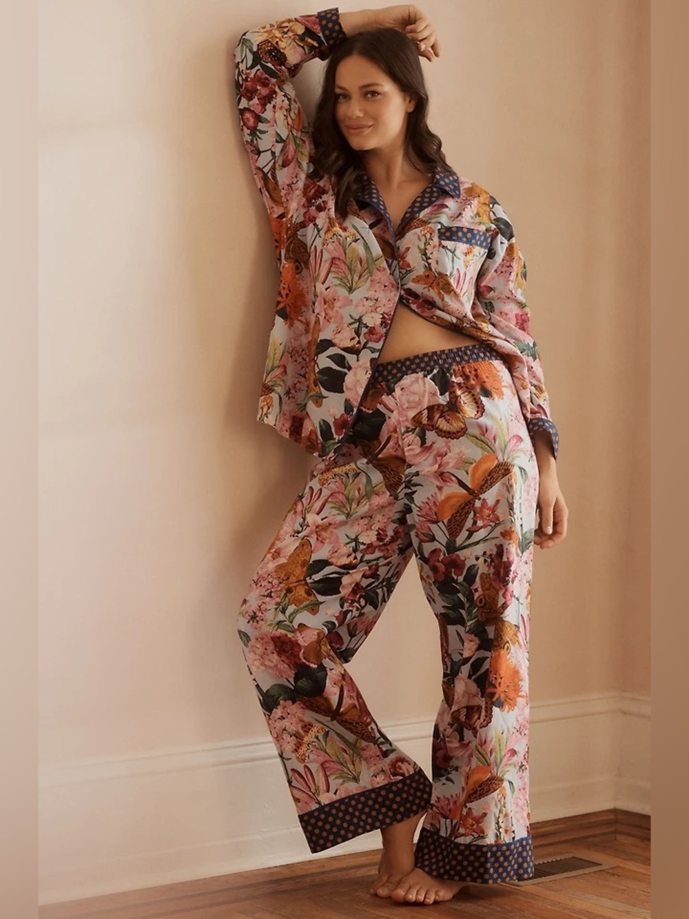 New Anthropologie Lyrebird Cloud Flannel Long Sleeve Pajama Set Polka Dot Floral